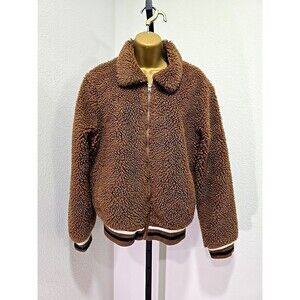 Ci Sono Y2K Brown Fuzzy Faux Fur Teddy Bomber Jacket Womens Sz Lge Pockets Cozy